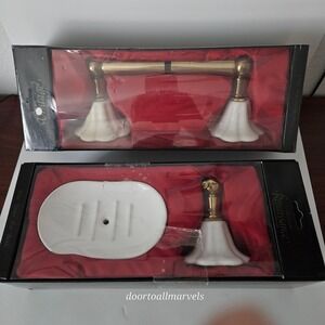 VTG Lotus Porcelain Solid Brass Bath Soap Dish & TP Holder French Colonial NEW